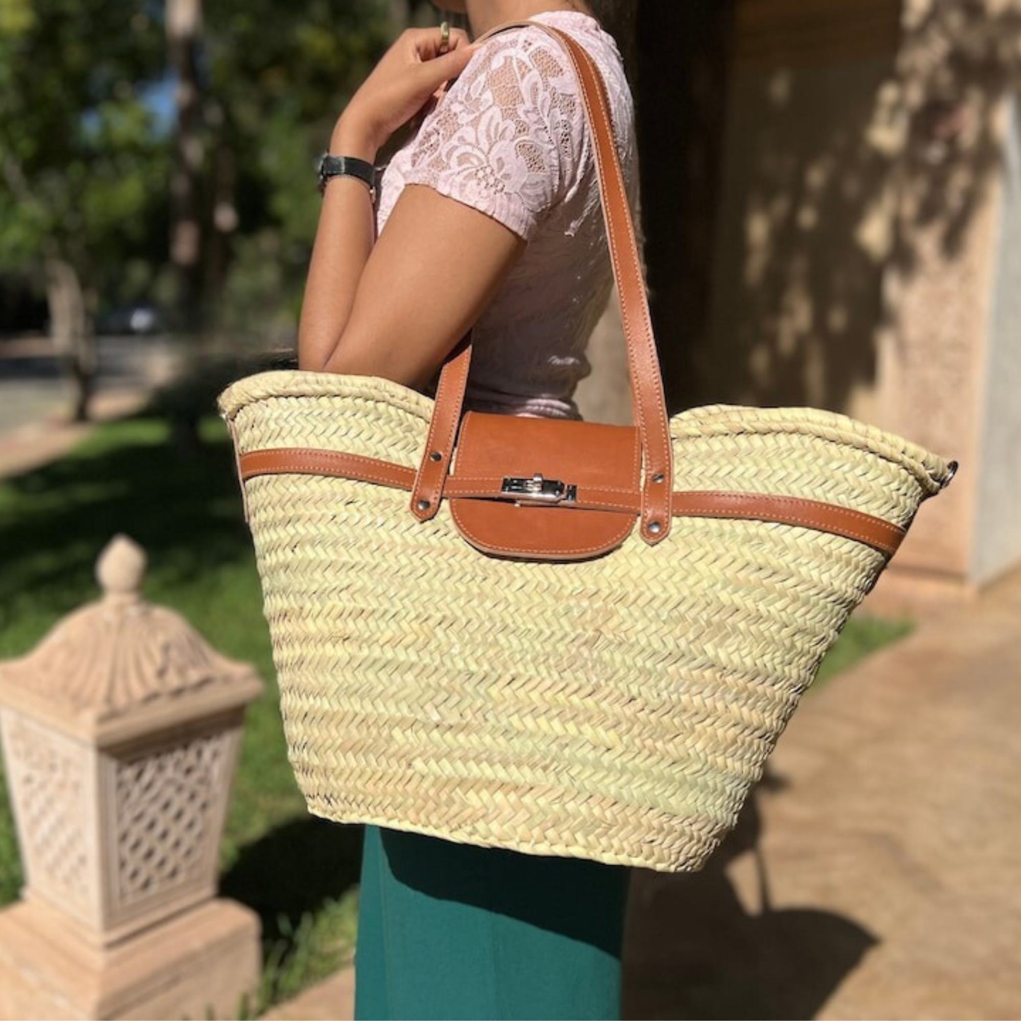 Handmade deals large straw beach tote bag leather handles