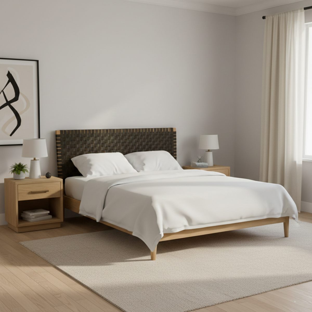 Modern bedroom with a woven strap leather headboard and matching nightstands.