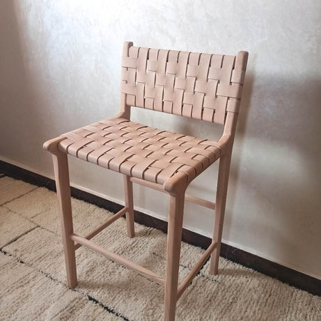 Leather Counter Stool - Natural Teak Wood With Natural Leather