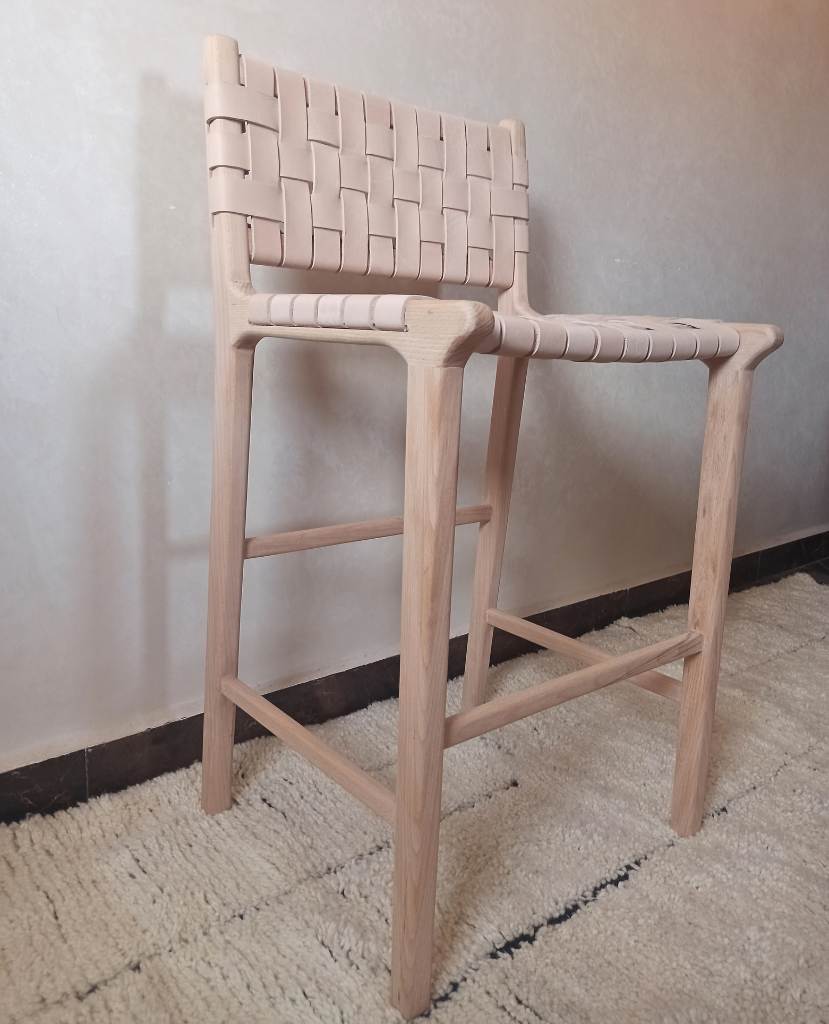 Leather Counter Stool - Natural Teak Wood With Natural Leather