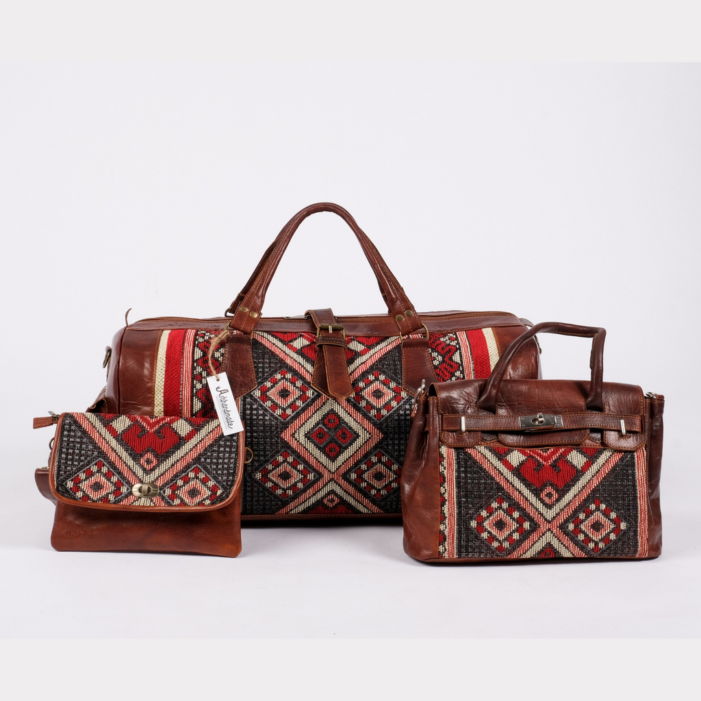 Premium Set of 3 Leather Kilim Travel Bags - Unique and Stylish