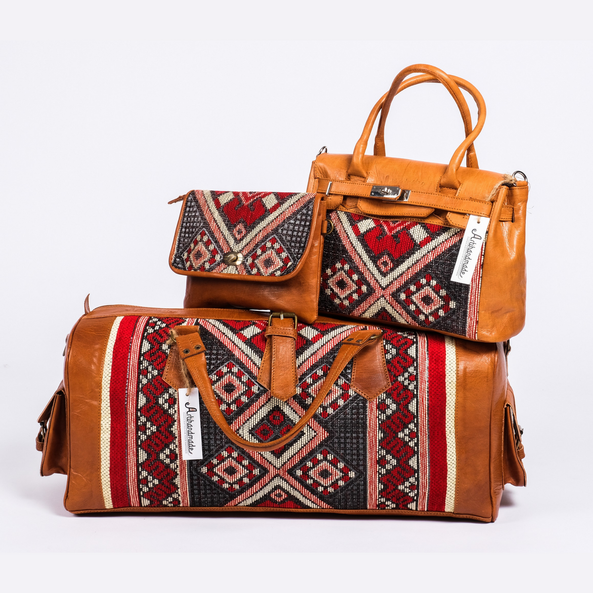 Premium Set of 3 Leather Kilim Travel Bags - Unique and Stylish