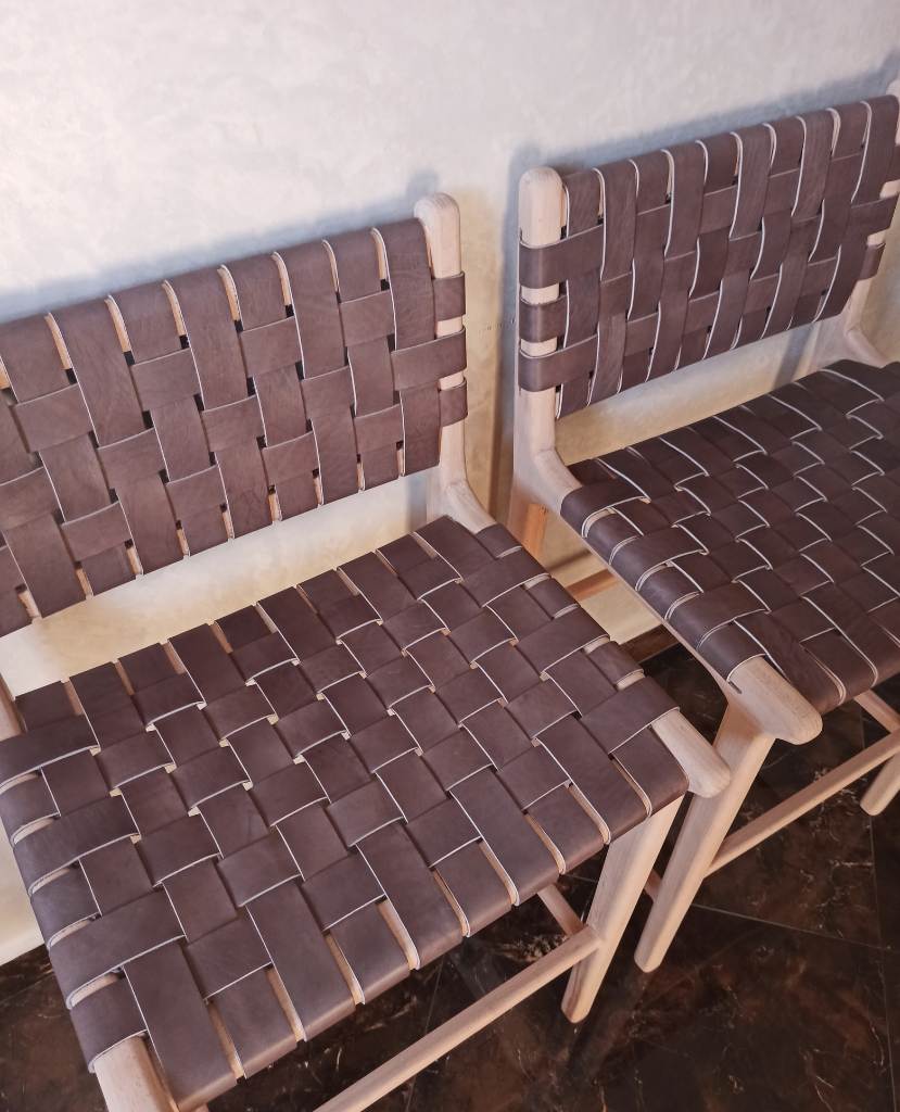 Leather Strap Counter Stool - Natural Teak Wood With Dark Brown Leather