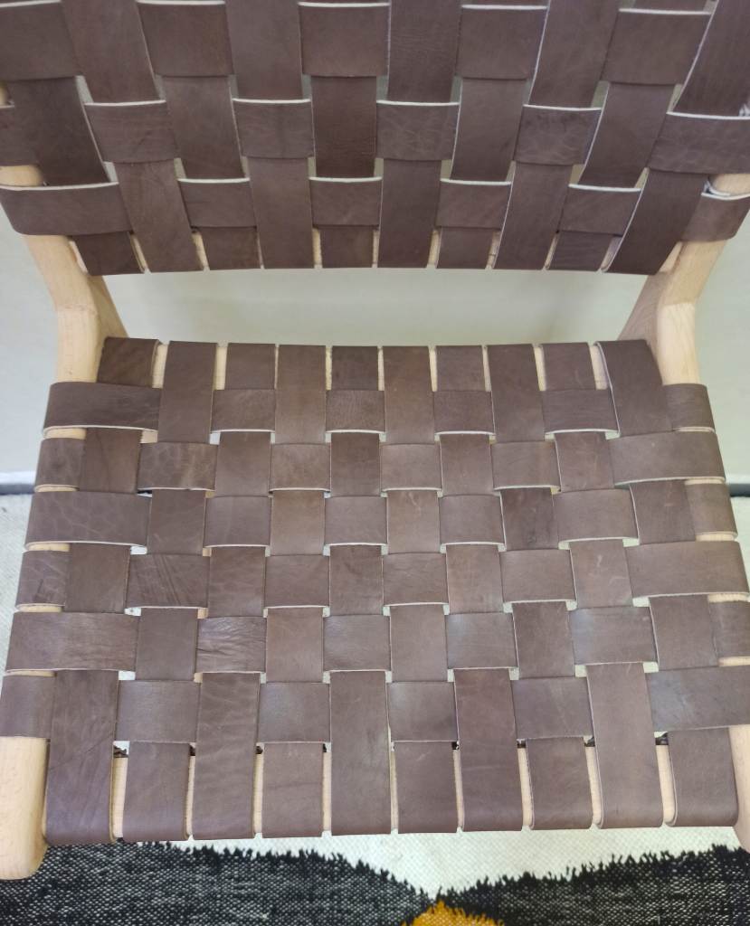 Leather Strap Counter Stool - Natural Teak Wood With Dark Brown Leather