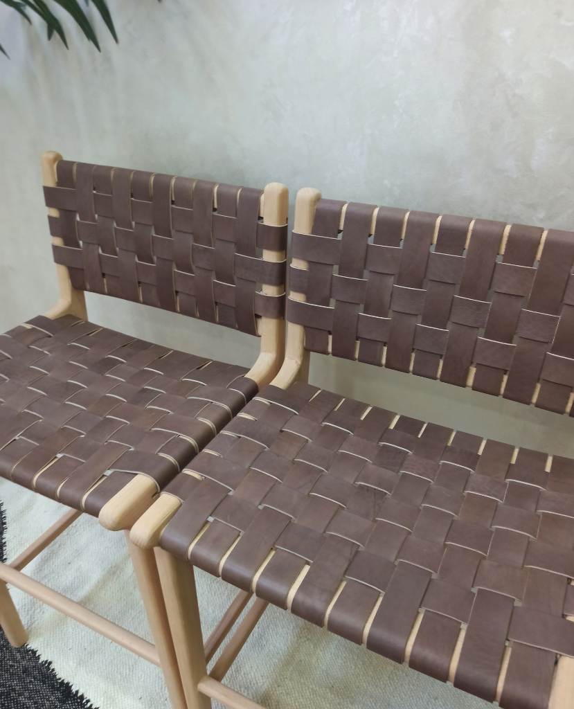 Leather Strap Counter Stool - Natural Teak Wood With Dark Brown Leather