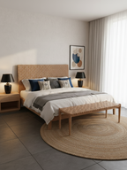 Bundle Leather Headboard and Bench, Custom Sizes, Wall-Mounted or Freestanding, Handcrafted Teak Wood with Full-Grain Leather