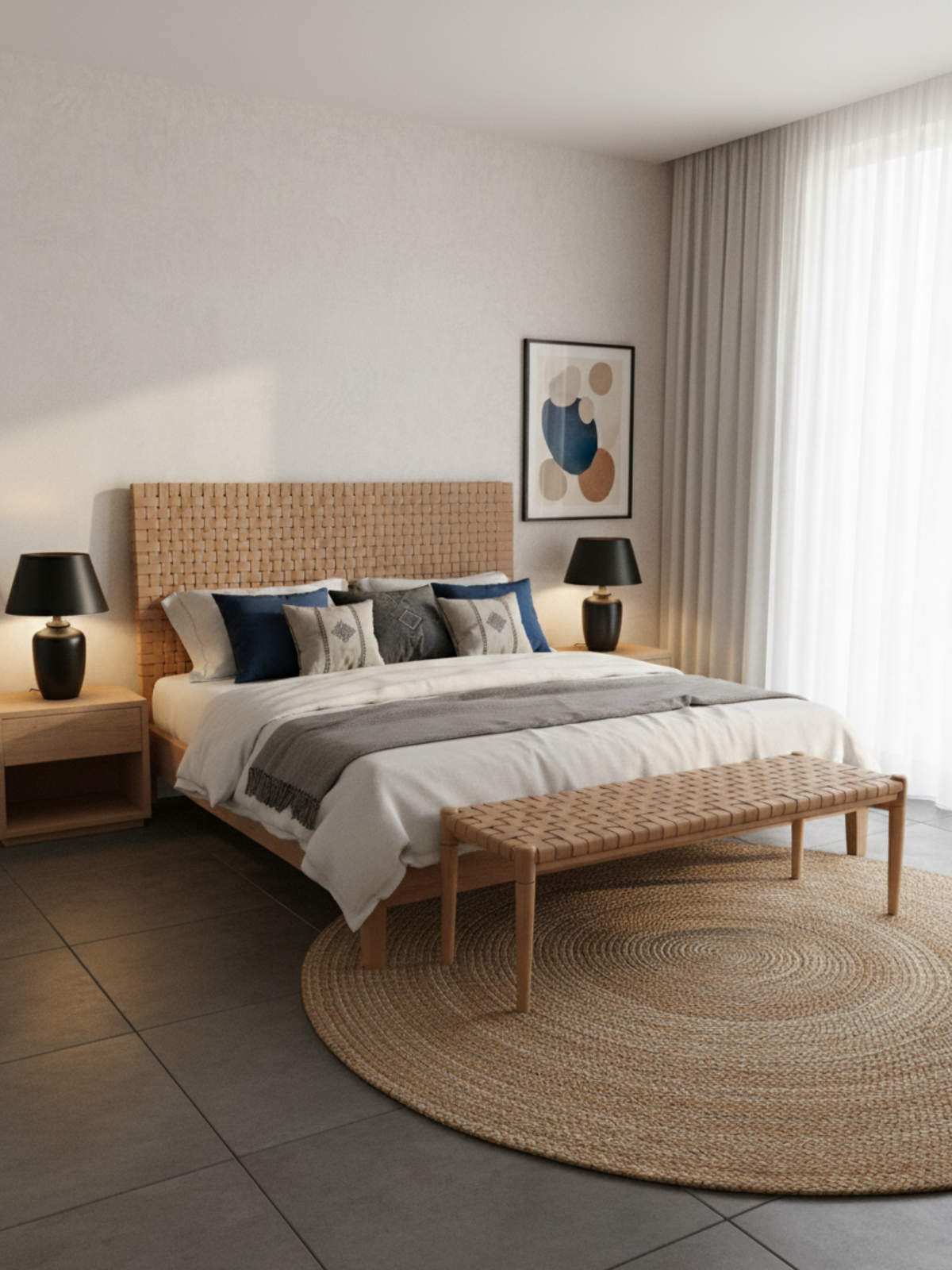 Bundle Leather Headboard and Bench, Custom Sizes, Wall-Mounted or Freestanding, Handcrafted Teak Wood with Full-Grain Leather
