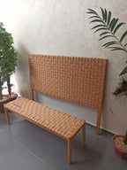 Handcrafted leather headboard and bench set in full grain leather and teak wood.