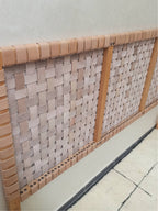 Handmade teak wood headboard and bench bundle with rich full grain leather finish.