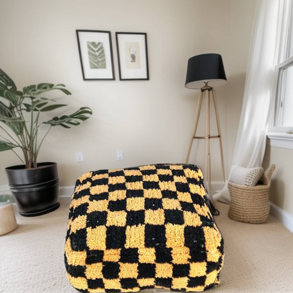 Checkered Wool Square Ottoman Pouf