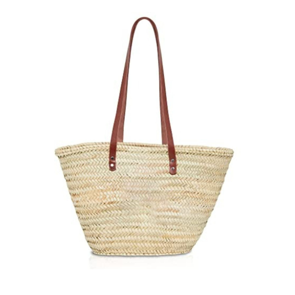French Basket Woven Palm Leaves With Leather Handles Beach Bag