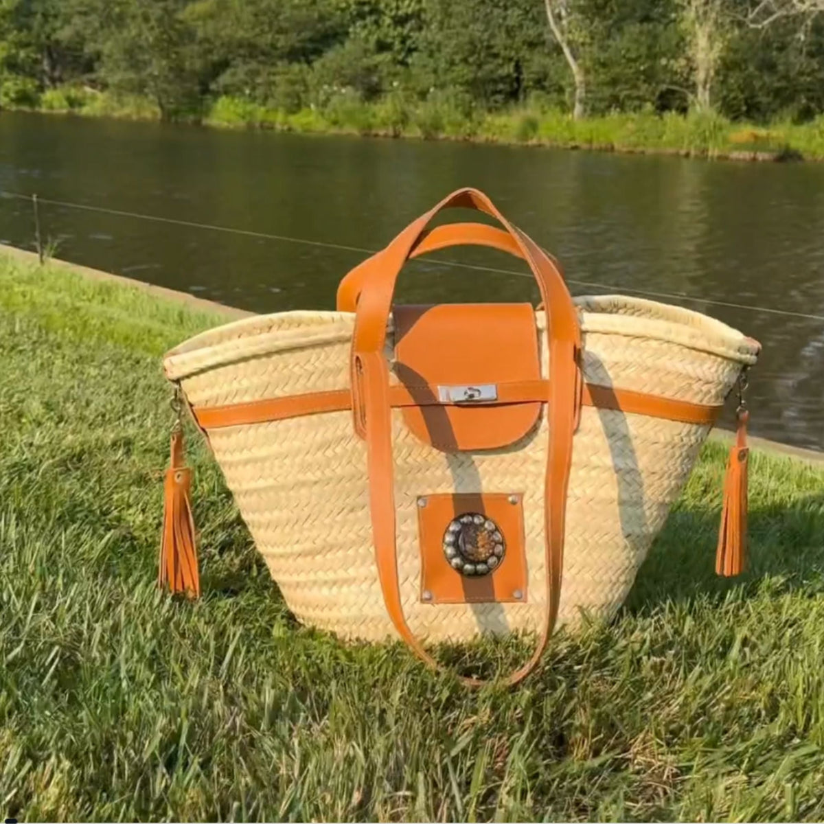 Handmade Large Straw French Basket with Leather Straps
