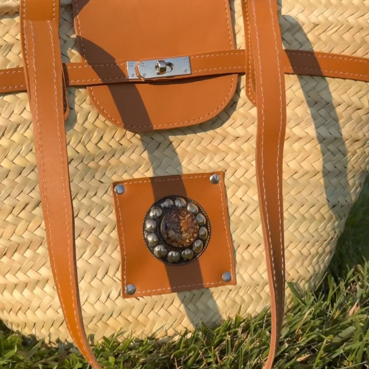 Handmade Large Straw French Basket with Leather Straps