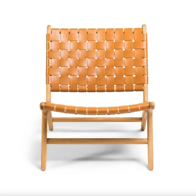 Woven Leather Lounge Chair - Cognac