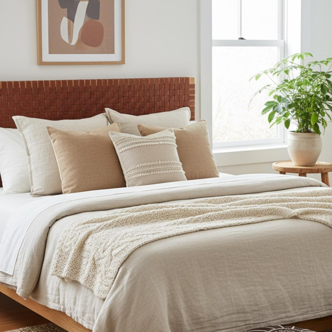 Handcrafted Leather Headboard & 2 Free Pouf Ottomans | Queen, King, California King