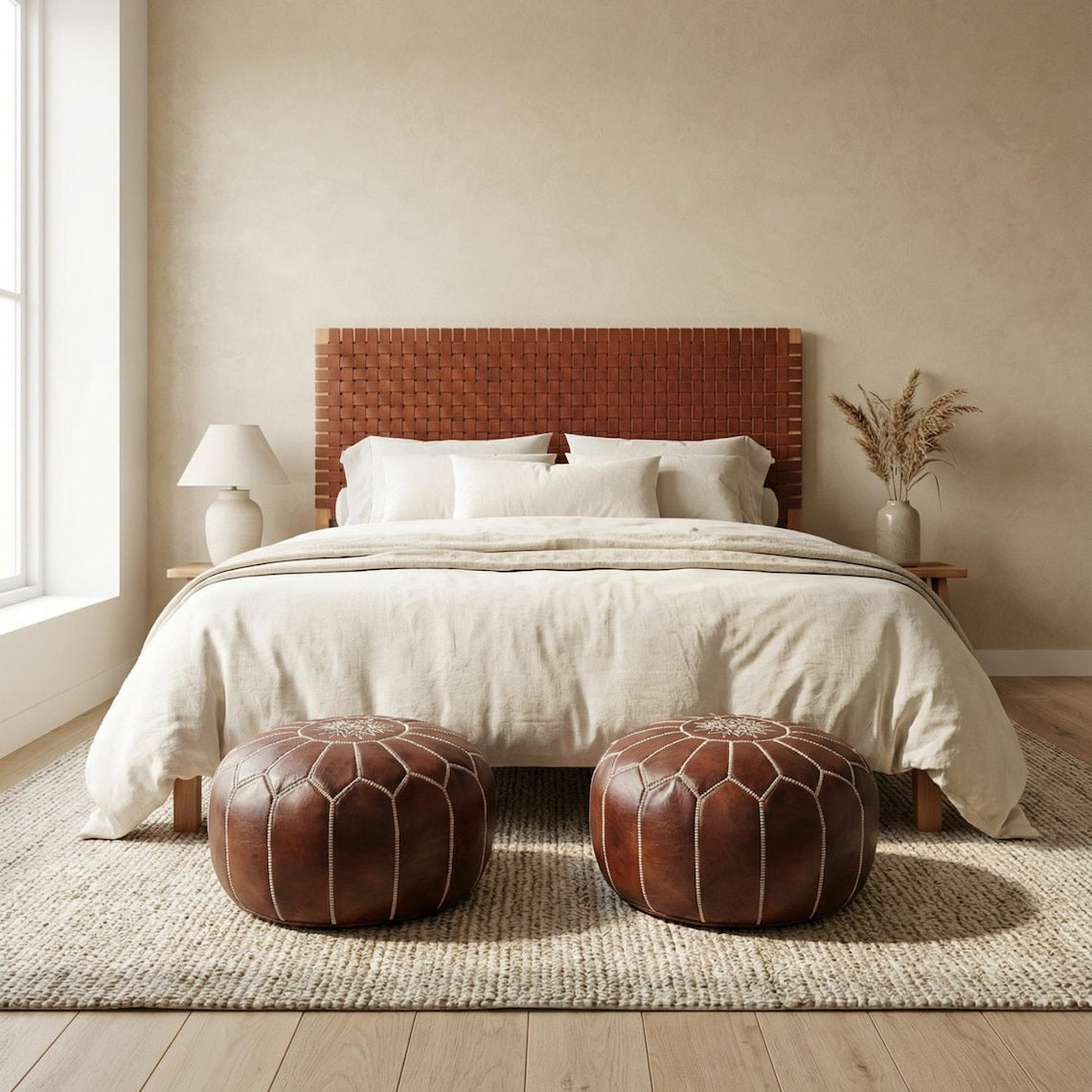 Handcrafted Leather Headboard & 2 Free Pouf Ottomans | Queen, King, California King