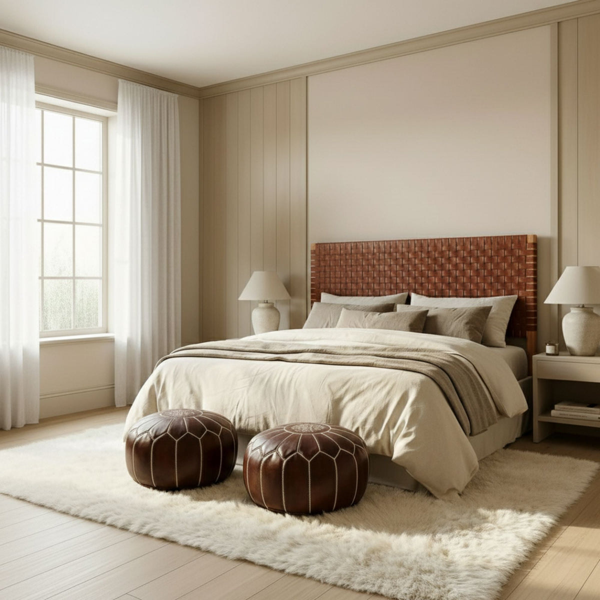 Handcrafted Leather Headboard & 2 Free Pouf Ottomans | Queen, King, California King