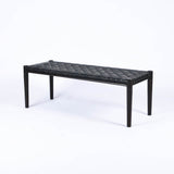 Helga Woven Leather Bench - Black Teak Wood With Black Strap Leather
