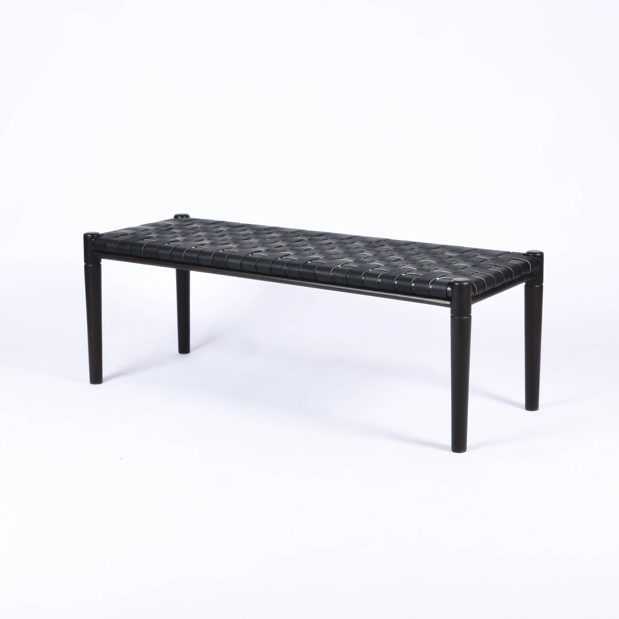 Helga Woven Leather Bench Black Teak Wood With Black Strap Leather