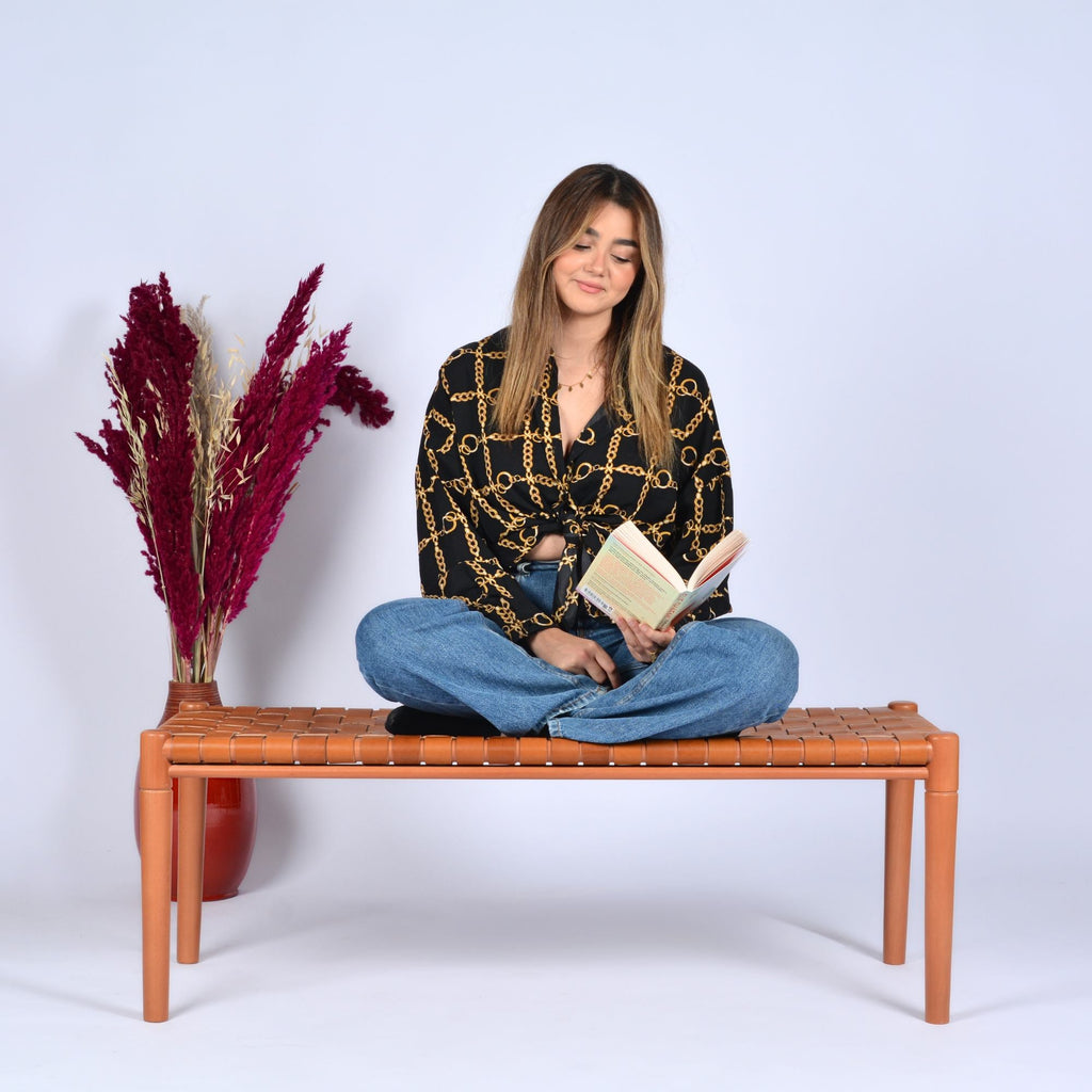 Helga Woven Leather Bench Cognac Teak Wood With Brown Cognac Strap Leather