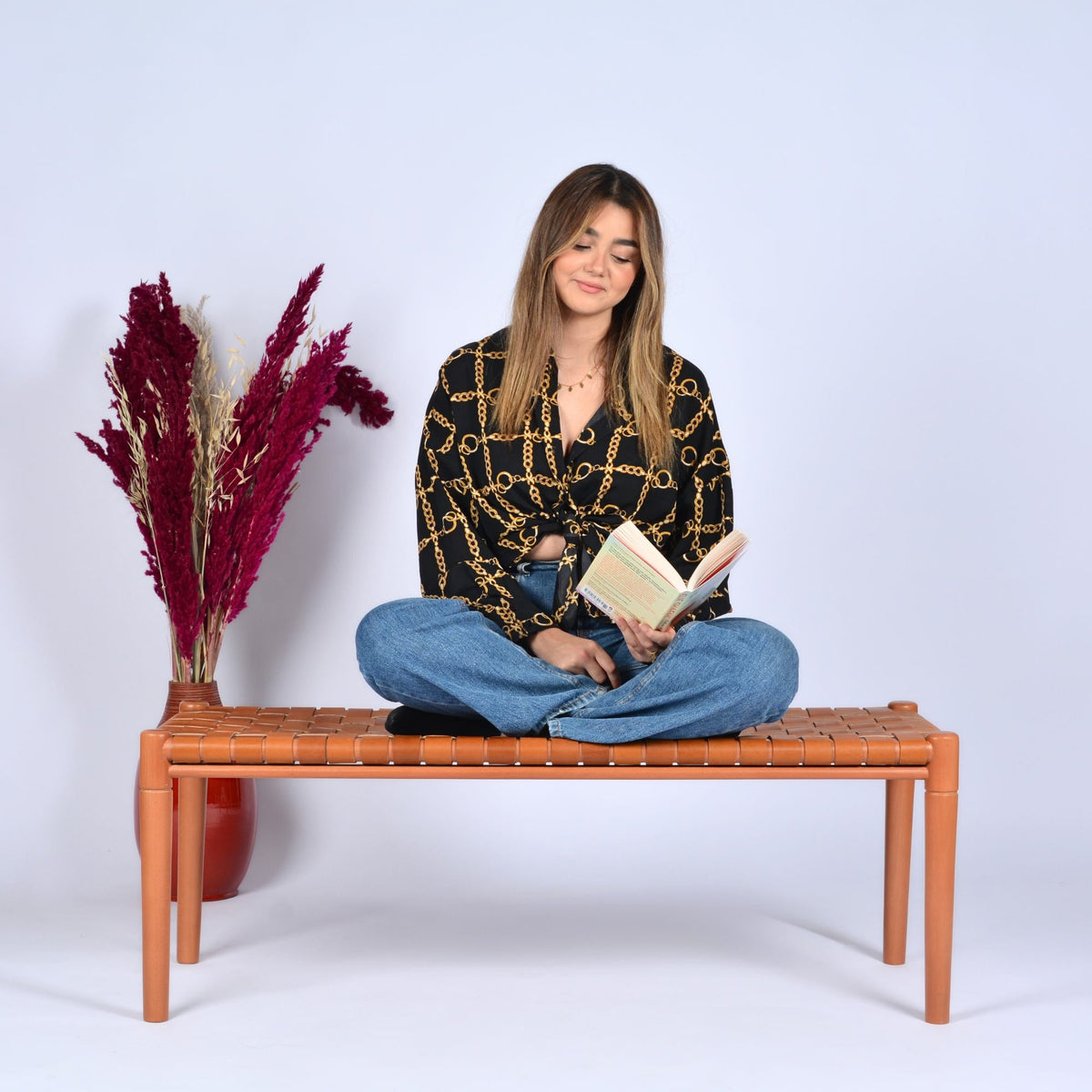 Helga Woven Leather Bench Cognac Teak Wood With Brown Cognac Strap Leather