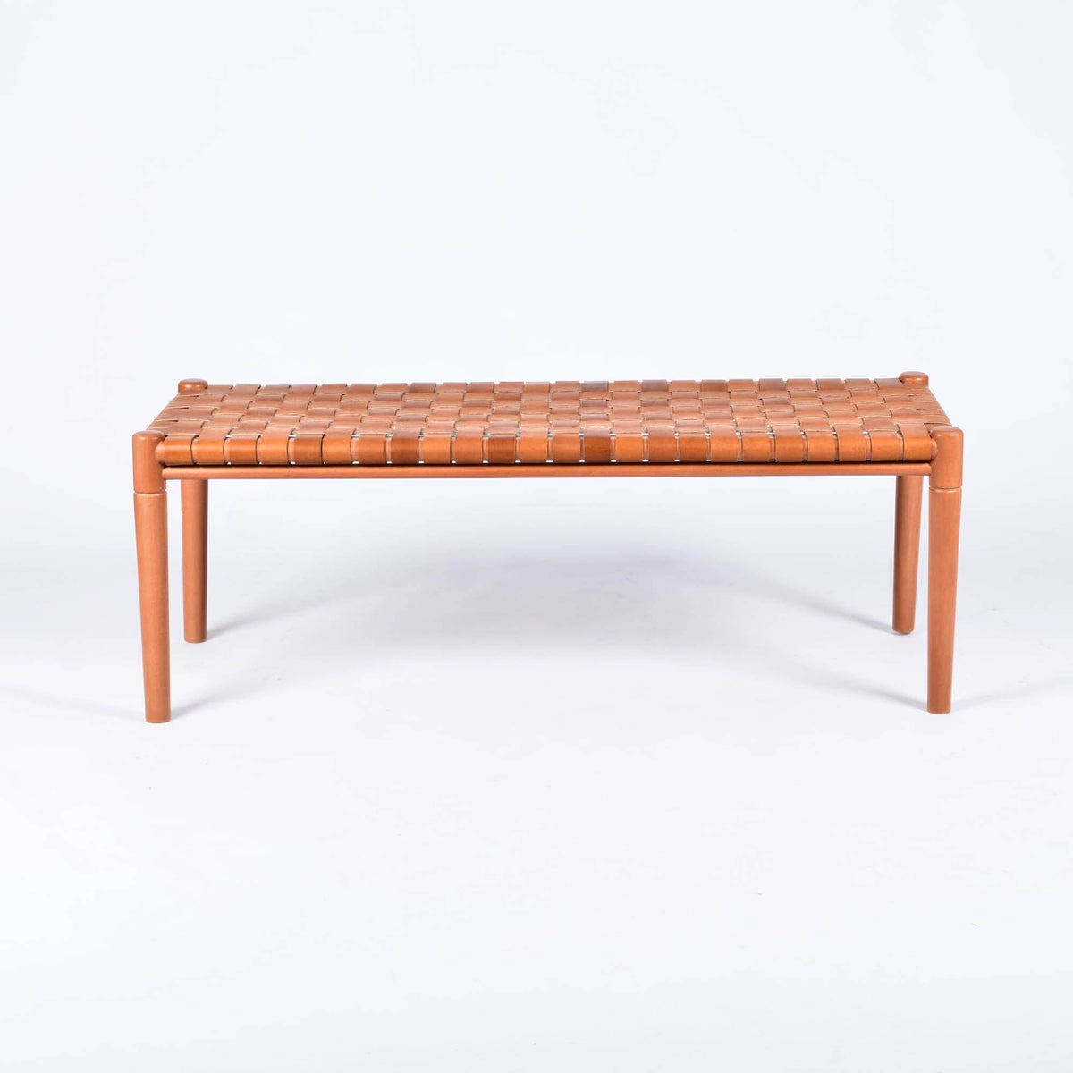 Helga Woven Leather Bench Cognac Teak Wood With Brown Cognac Strap Leather