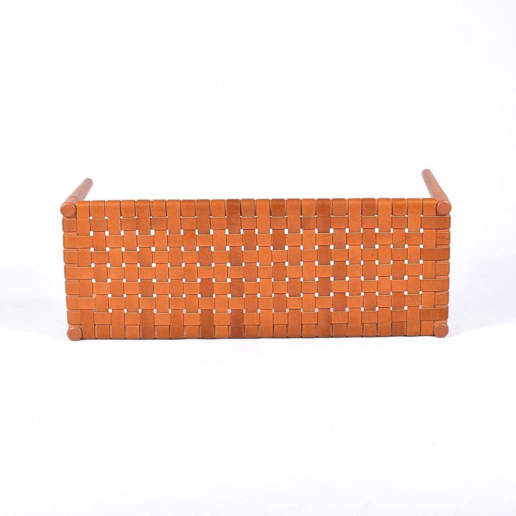 Helga Woven Leather Bench Cognac Teak Wood With Brown Cognac Strap Leather