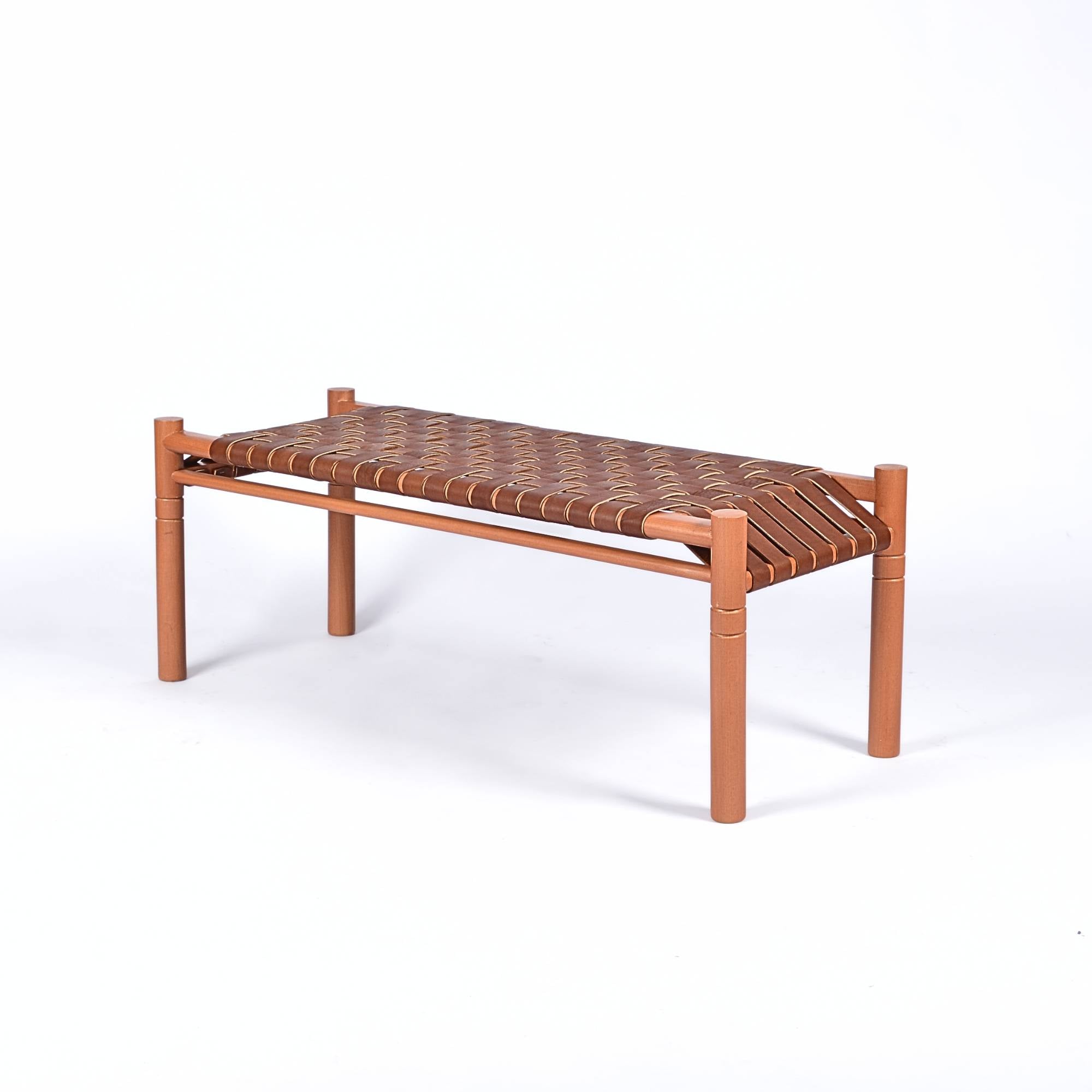 Hilda Woven Leather Bench Cognac Teak Wood With Brown Cognac Strap Leather