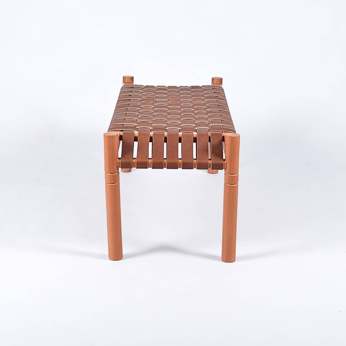 Hilda Woven Leather Bench Cognac Teak Wood With Brown Cognac Strap Leather