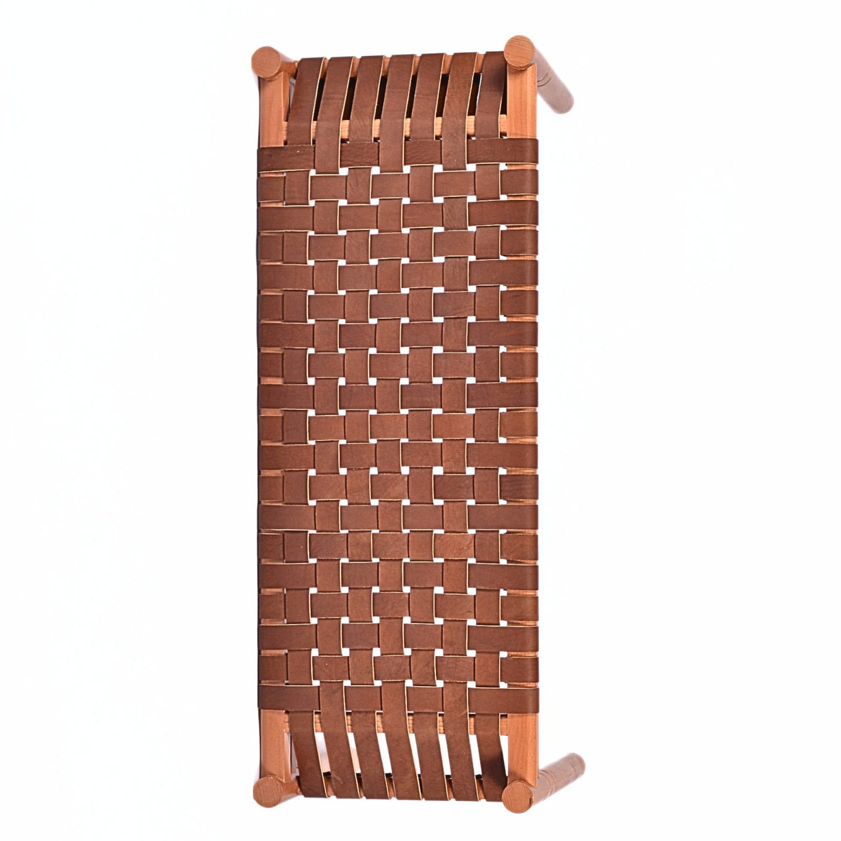 Hilda Woven Leather Bench Cognac Teak Wood With Brown Cognac Strap Leather