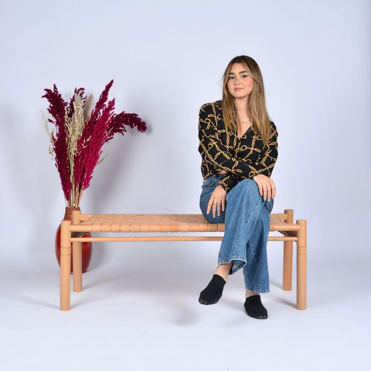 Hilda Woven Leather Bench Varnished Teak Wood With Strap Beige Leather