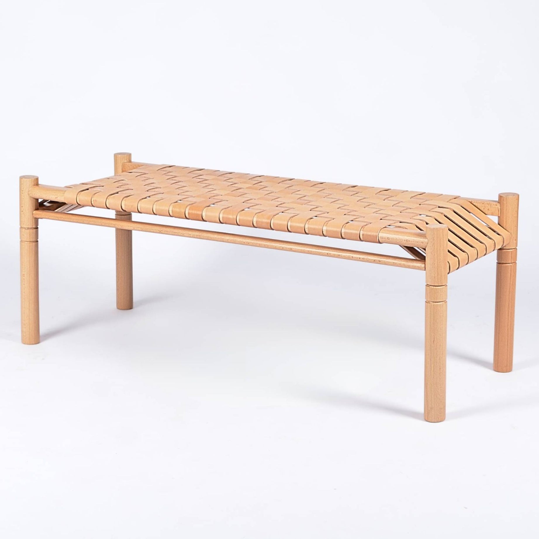 Hilda Woven Leather Bench Varnished Teak Wood With Strap Beige Leather