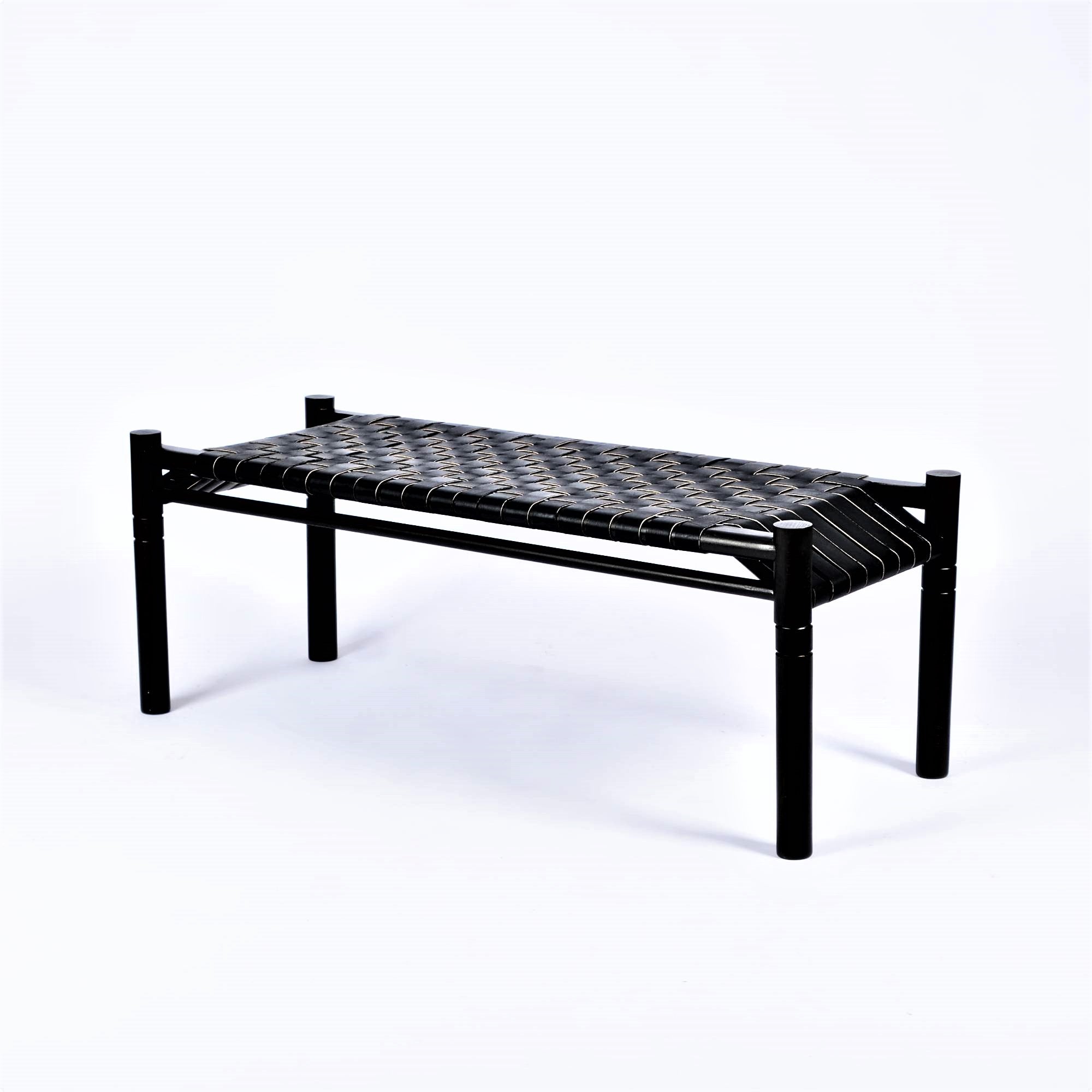 Hilda Woven Leather Bench Black Teak Wood With Black Strap Leather