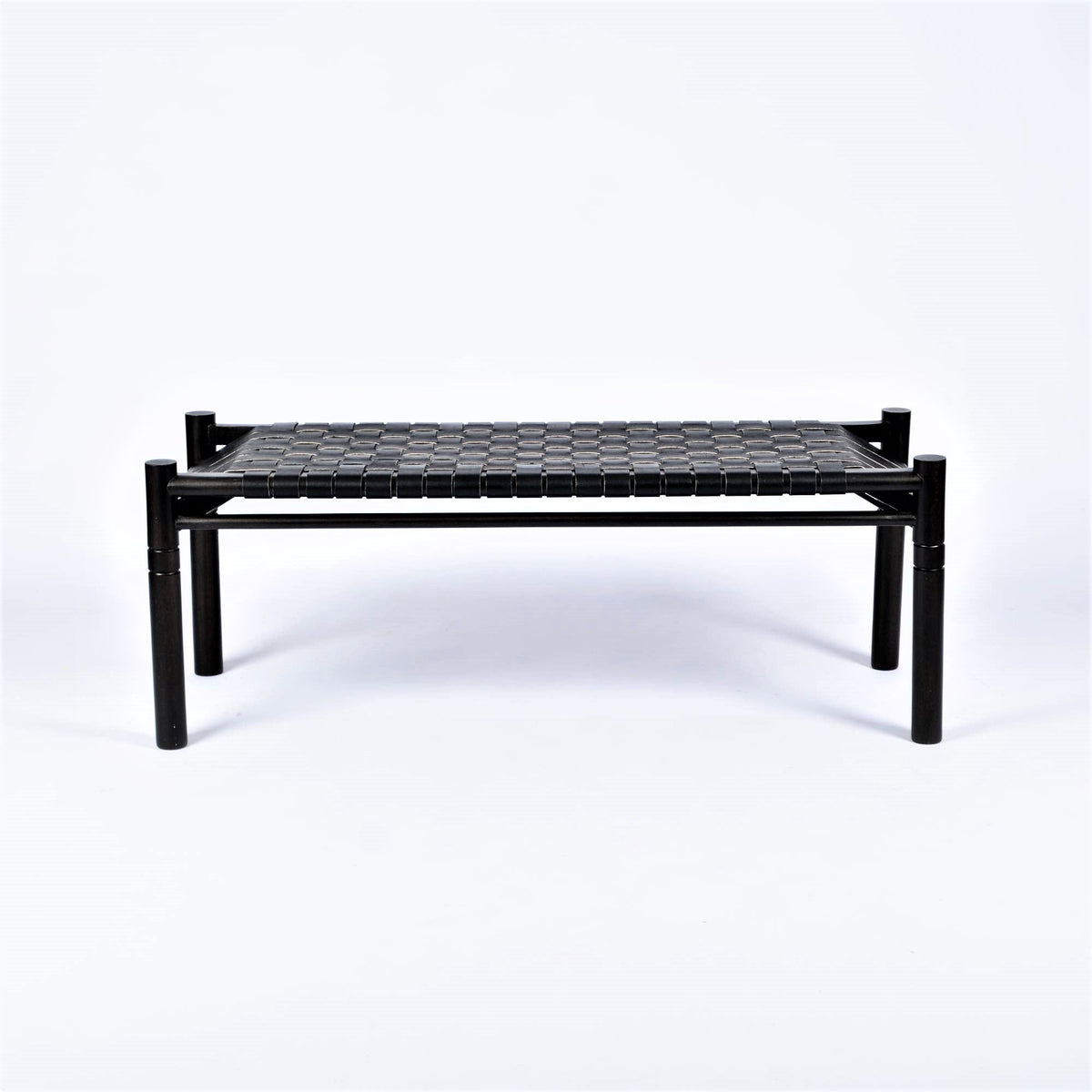 Hilda Woven Leather Bench Black Teak Wood With Black Strap Leather
