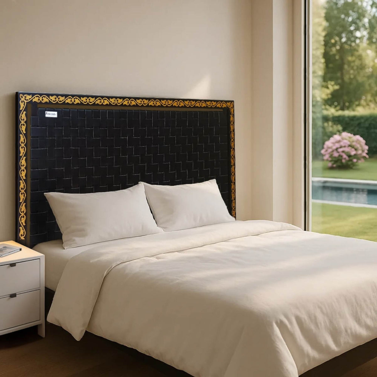 Front view of handcrafted leather and wood headboard on queen bed