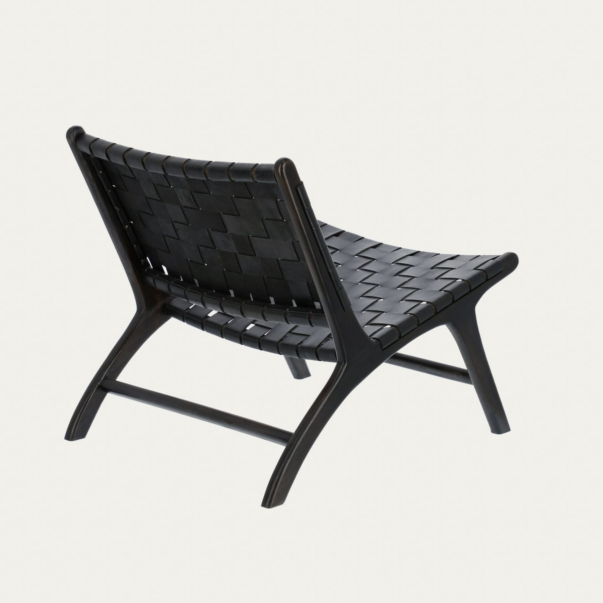Handcrafted Woven Leather Lounge Chair - Teak Wood & Full-Grain Leather - Black