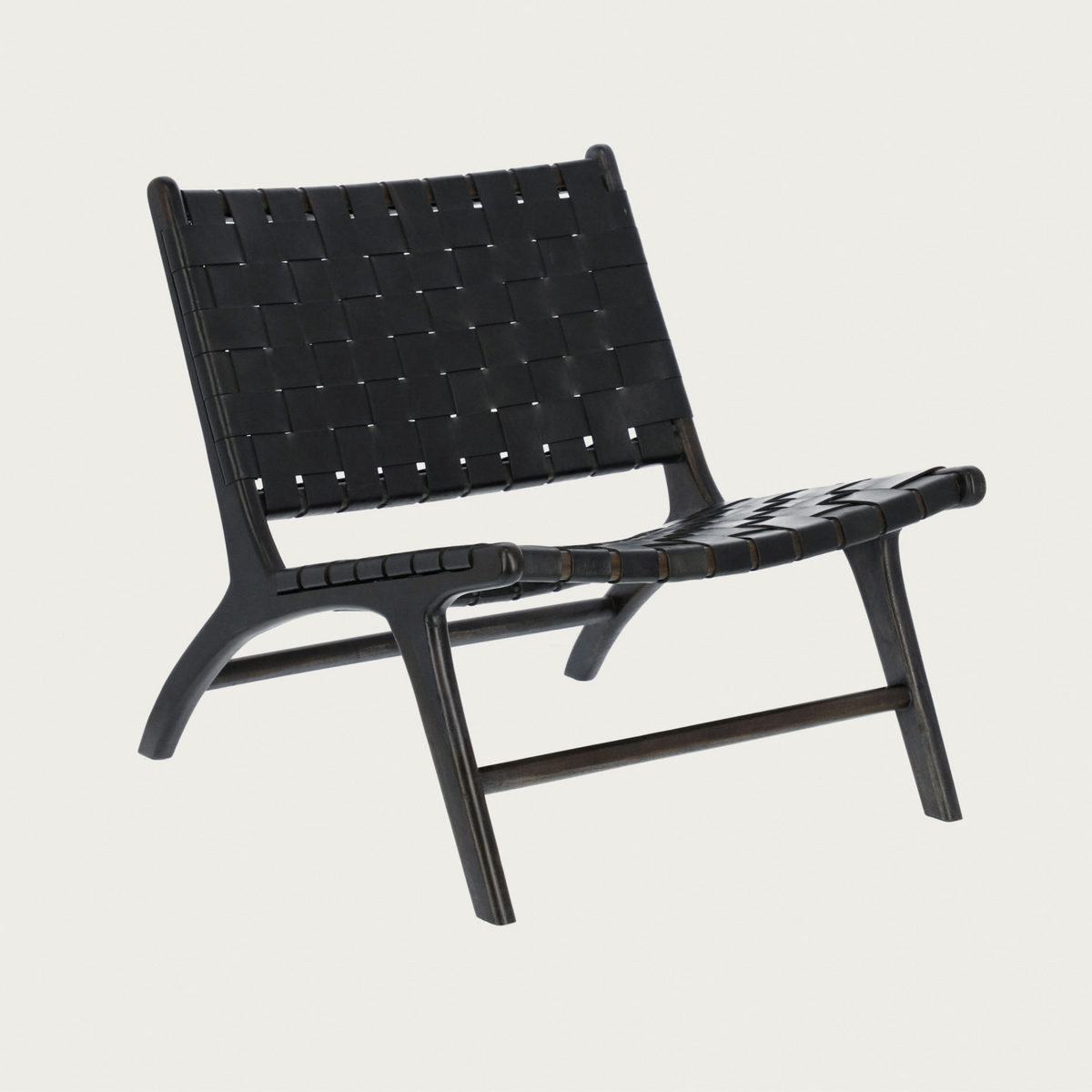 Handcrafted Woven Leather Lounge Chair - Teak Wood & Full-Grain Leather - Black