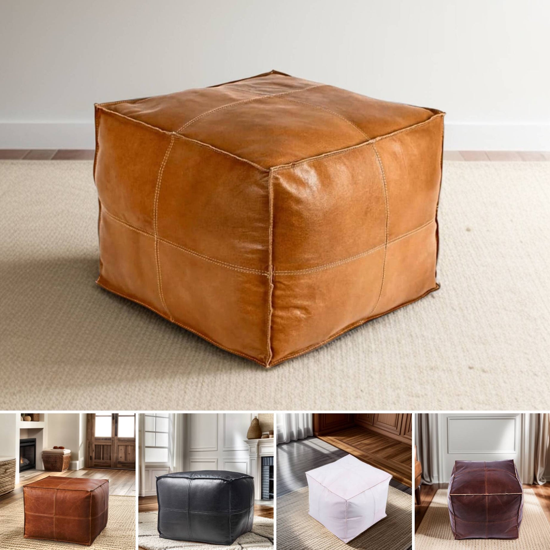 Premium Square Leather Pouf - Five Color Variations