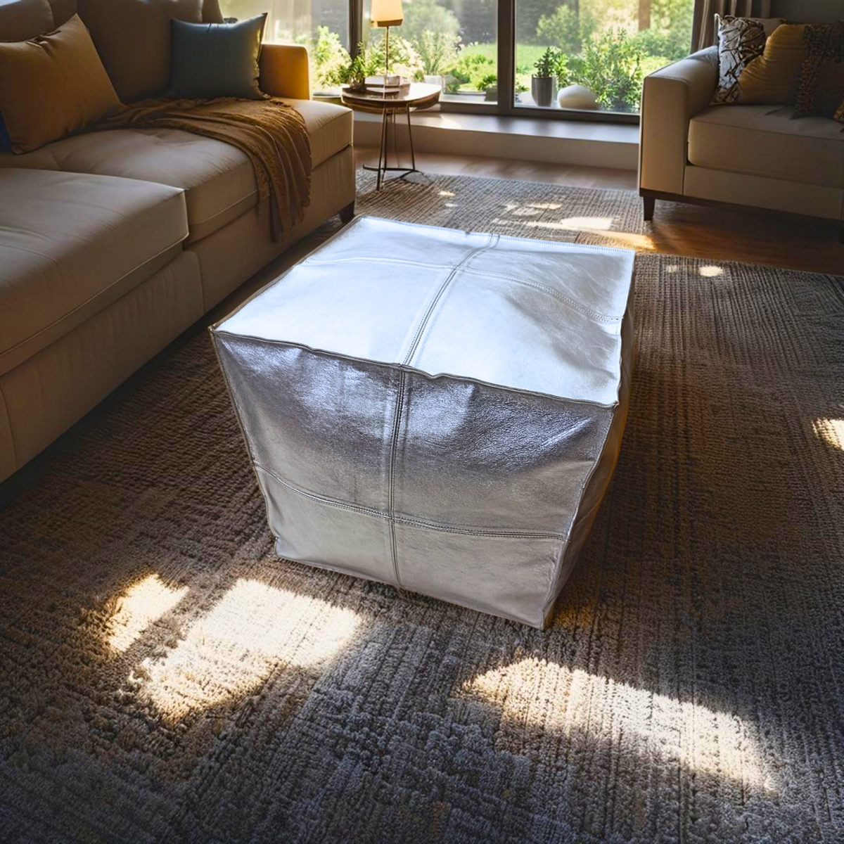 Premium Silver Pearl Leather - Square Ottoman Pouf, Handcrafted Large Ottoman, Luxury Home Decor | Luxury Footrest & Seat | Modern Design