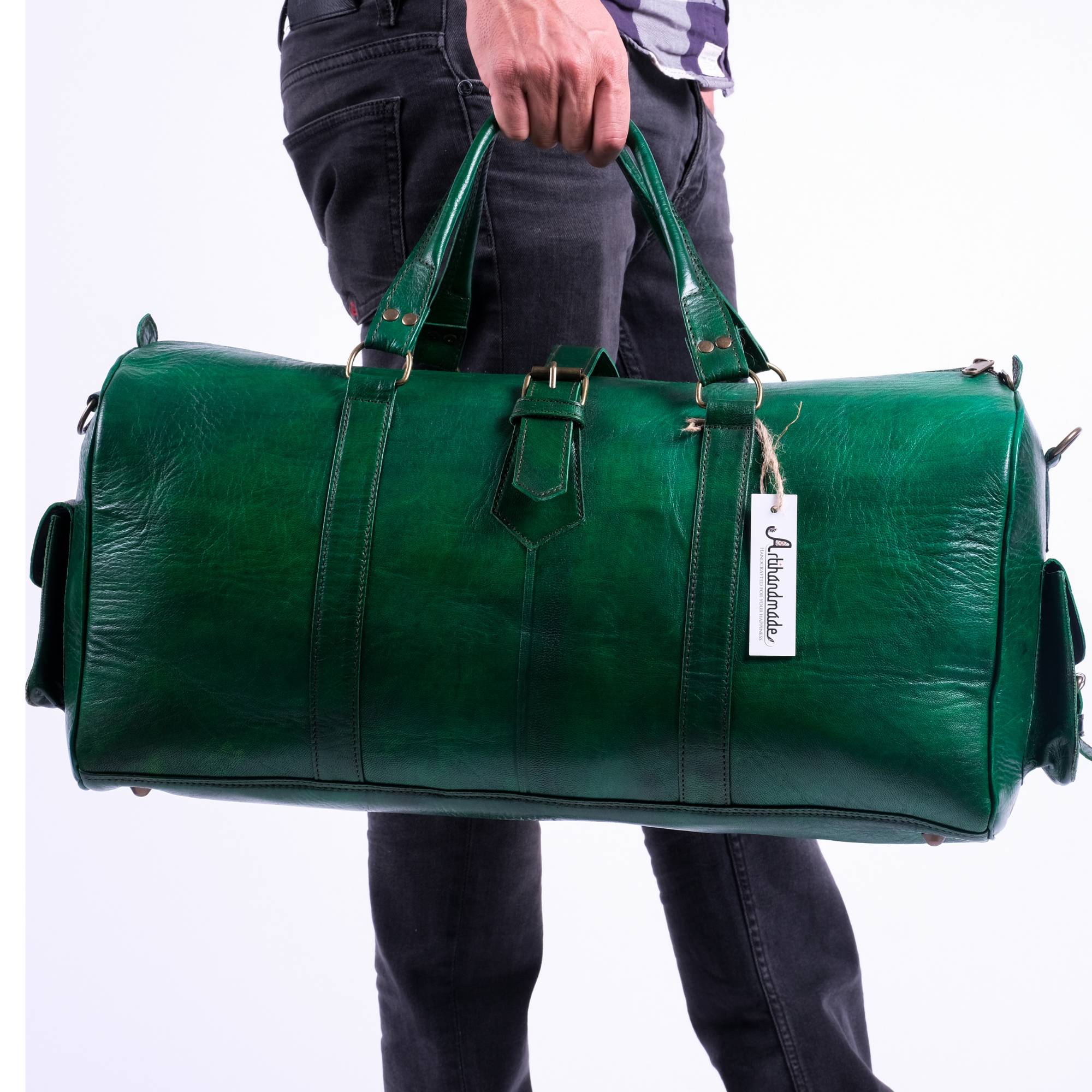 Green leather duffle bag sale