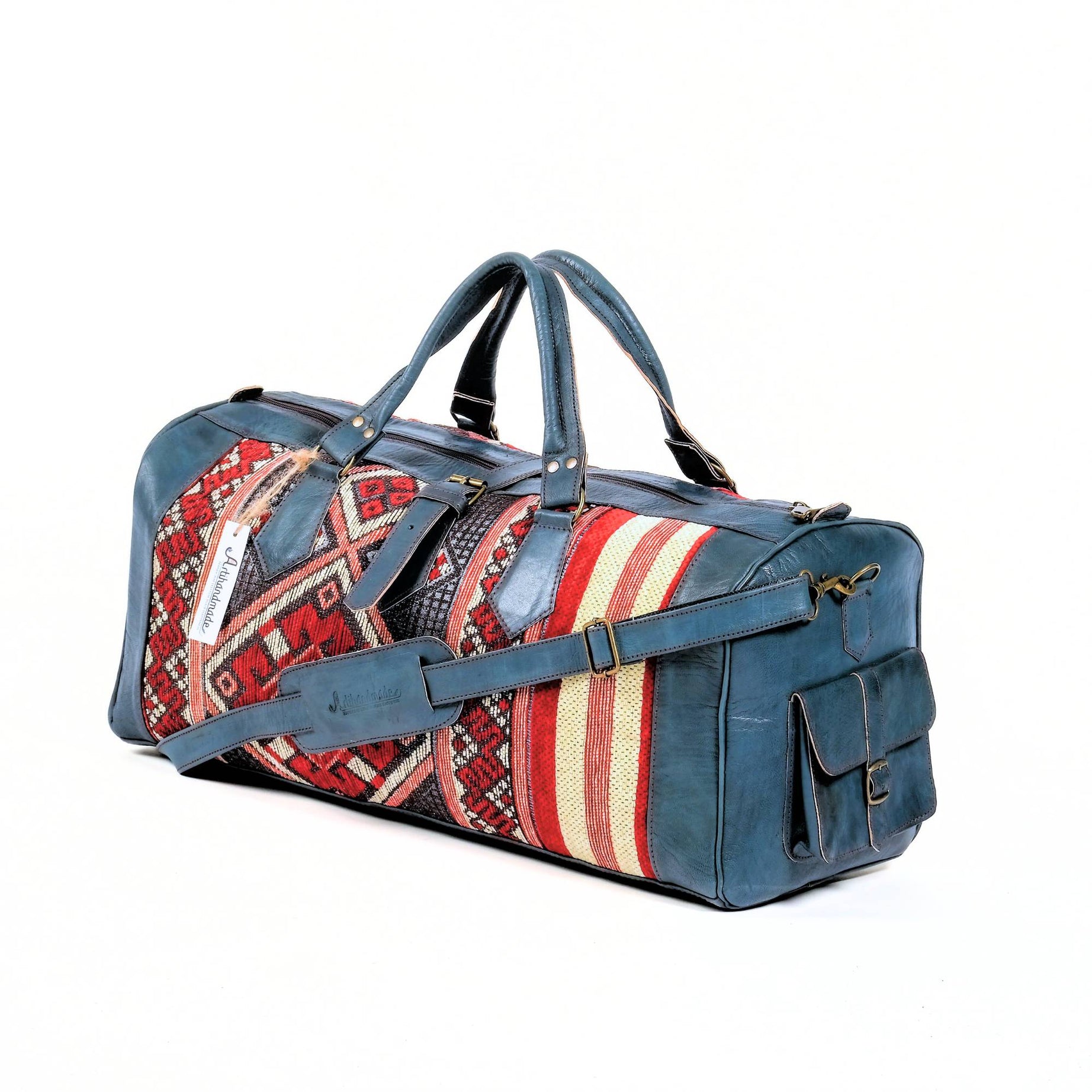 Handcrafted Leather Kilim Duffle Bag - Blue