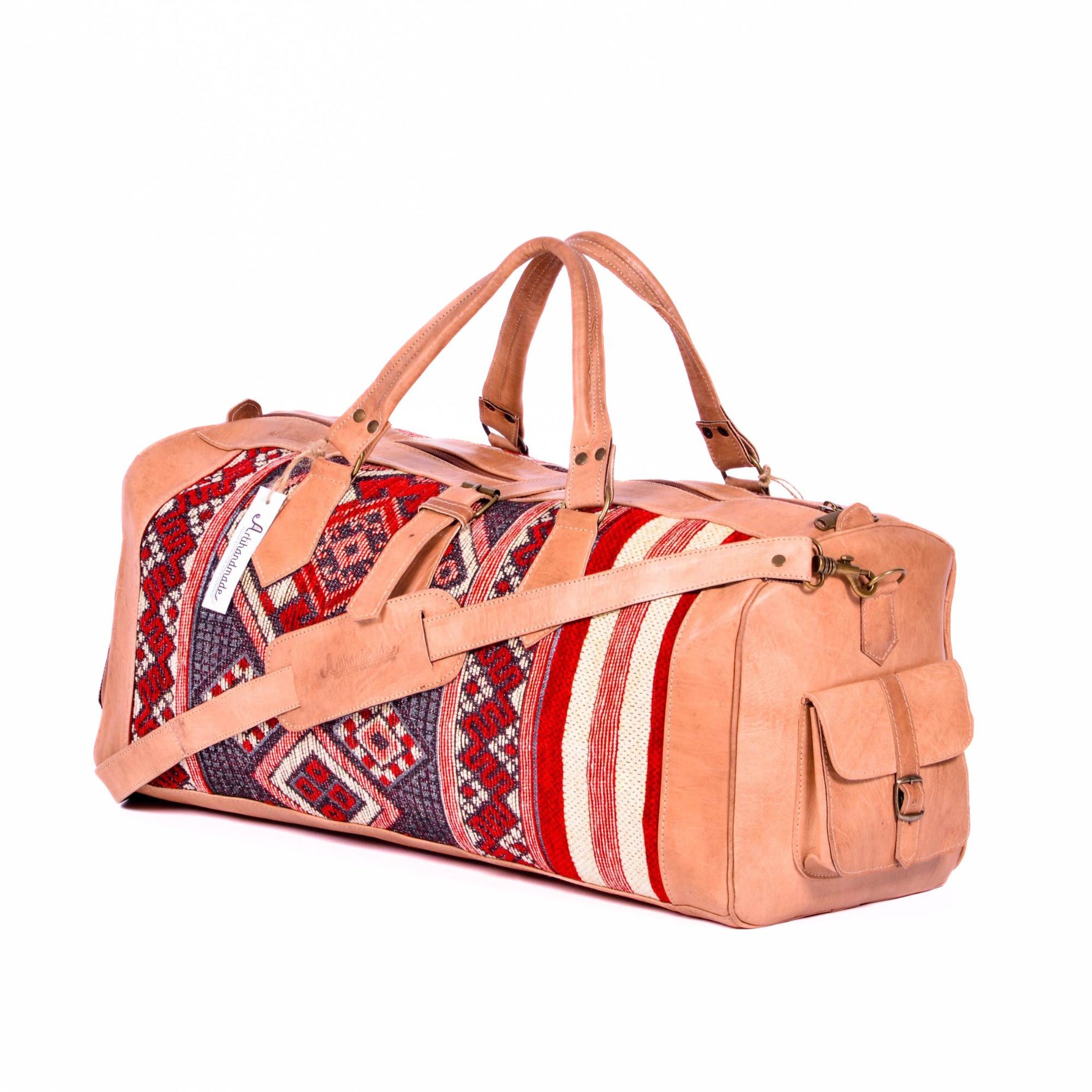 Artisan Leather & Kilim Travel Duffel Bag - Tan Natural