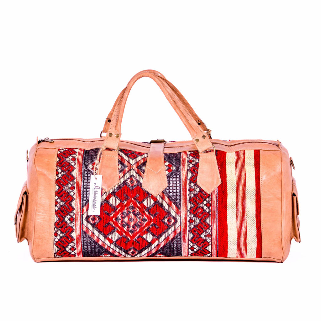 Artisan Leather & Kilim Travel Duffel Bag - Tan Natural