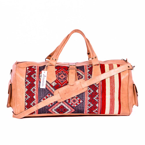 Artisan Leather & Kilim Travel Duffel Bag - Tan Natural