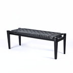 Leif Woven Leather Bench Black Teak Wood With Black Strap Leather