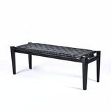 Leif Woven Leather Bench - Black Teak Wood With Black Strap Leather