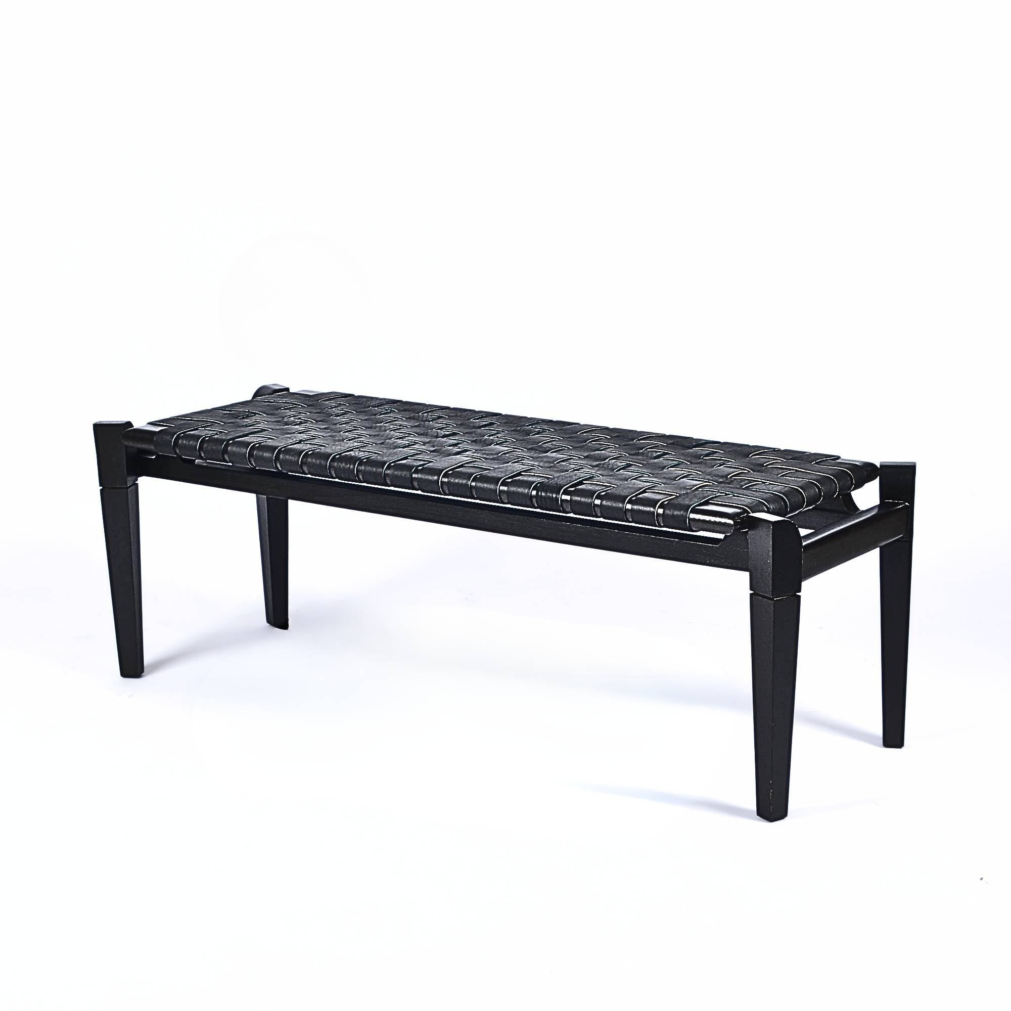 Leif Woven Leather Bench Black Teak Wood With Black Strap Leather