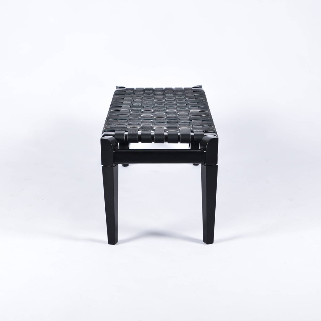 Leif Woven Leather Bench Black Teak Wood With Black Strap Leather