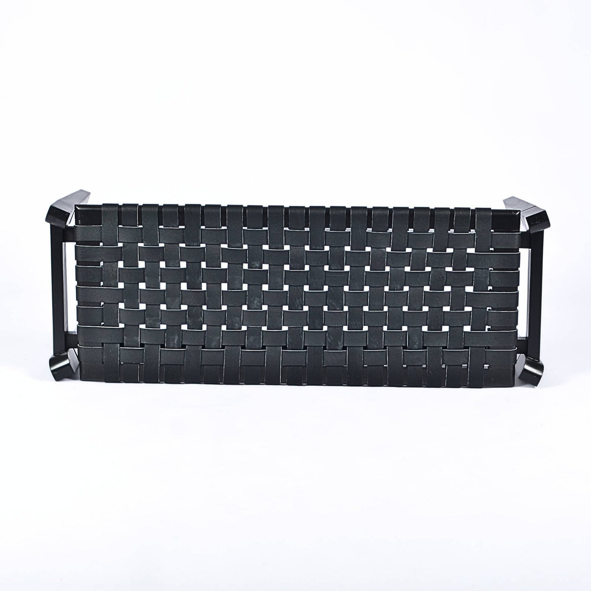 Leif Woven Leather Bench Black Teak Wood With Black Strap Leather