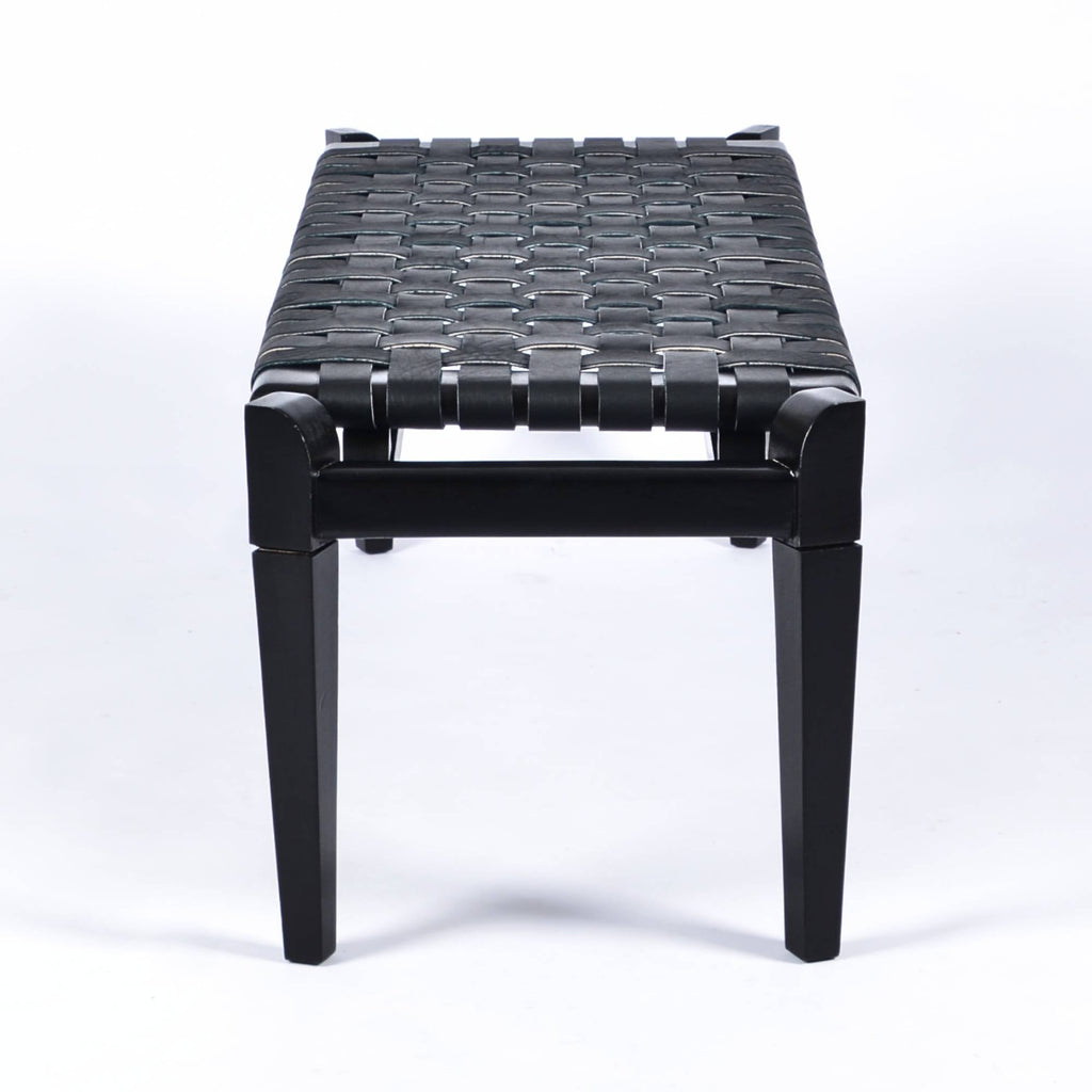 Leif Woven Leather Bench Black Teak Wood With Black Strap Leather